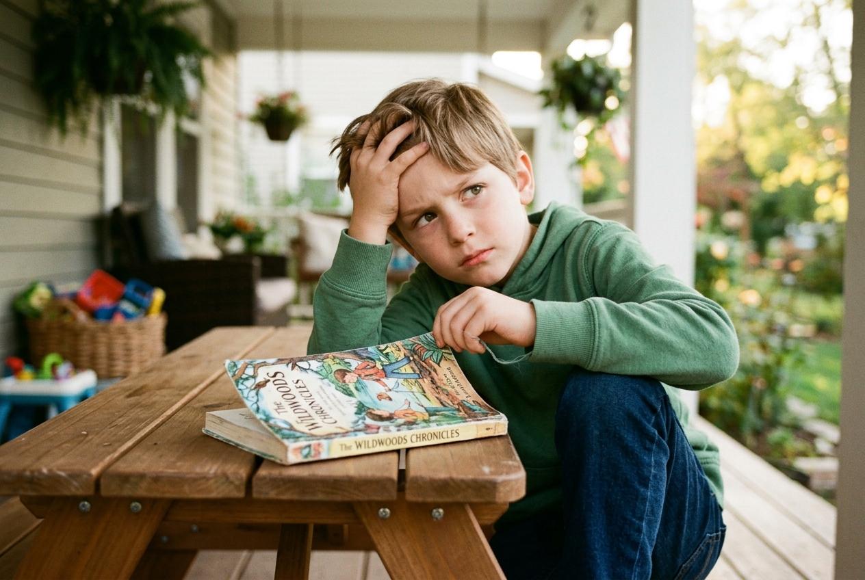  A frustrated boy sits at a porch picnic table, hand on head, beside a copy of The Wildwoods Chronicles.