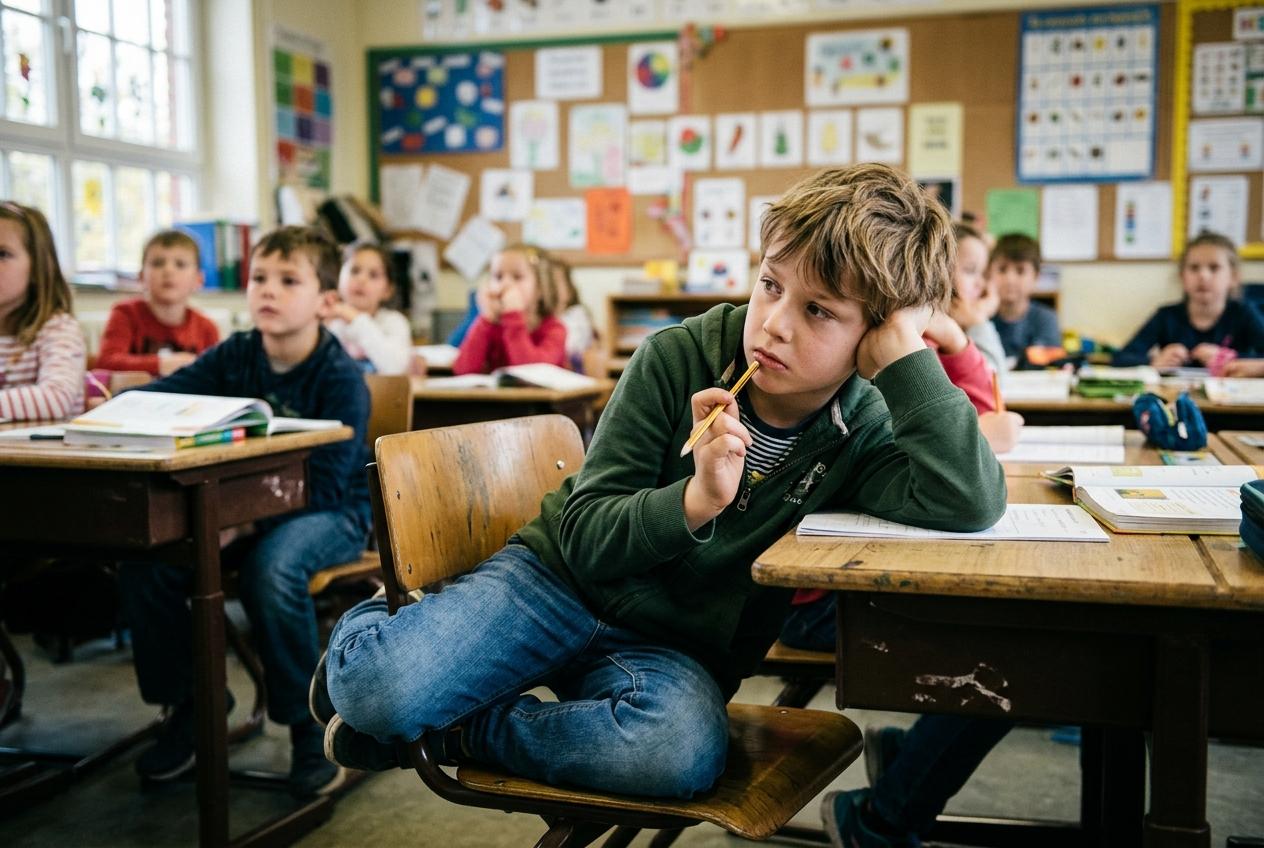 A thoughtful boy holding a pencil sits at a wooden desk in a classroom, with other children seated at desks behind him.
