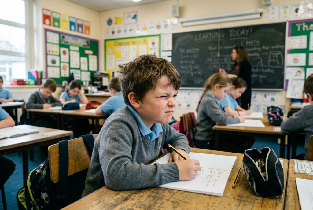 A boy sits at a desk writing in a notebook in a primary school classroom, looking concentrated. Other pupils and a teacher are in the background.