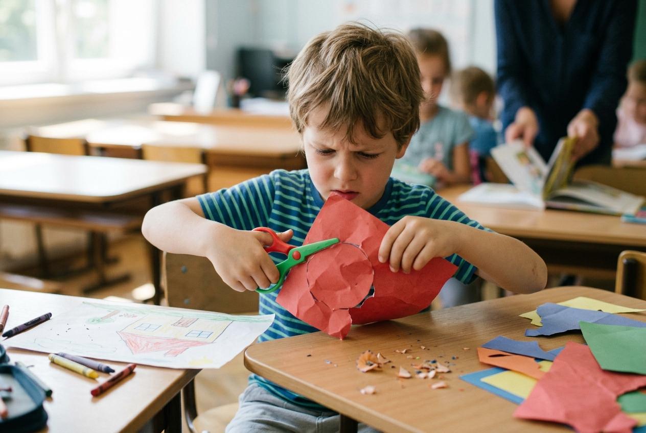 A focused young boy cuts red construction paper with scissors at a classroom desk, surrounded by colorful paper scraps and crayons.