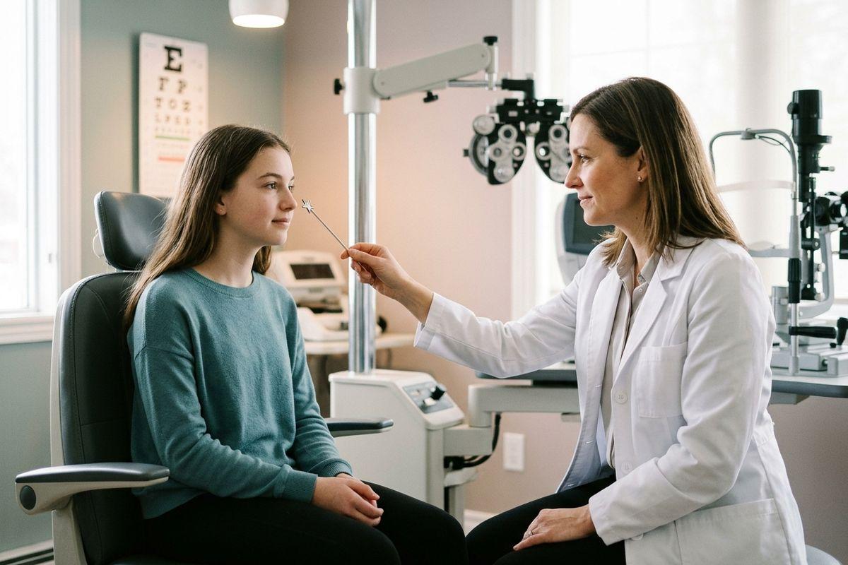 Optometrist holding a pointer near the face of a child seated in an exam chair, with an eye chart and equipment nearby.