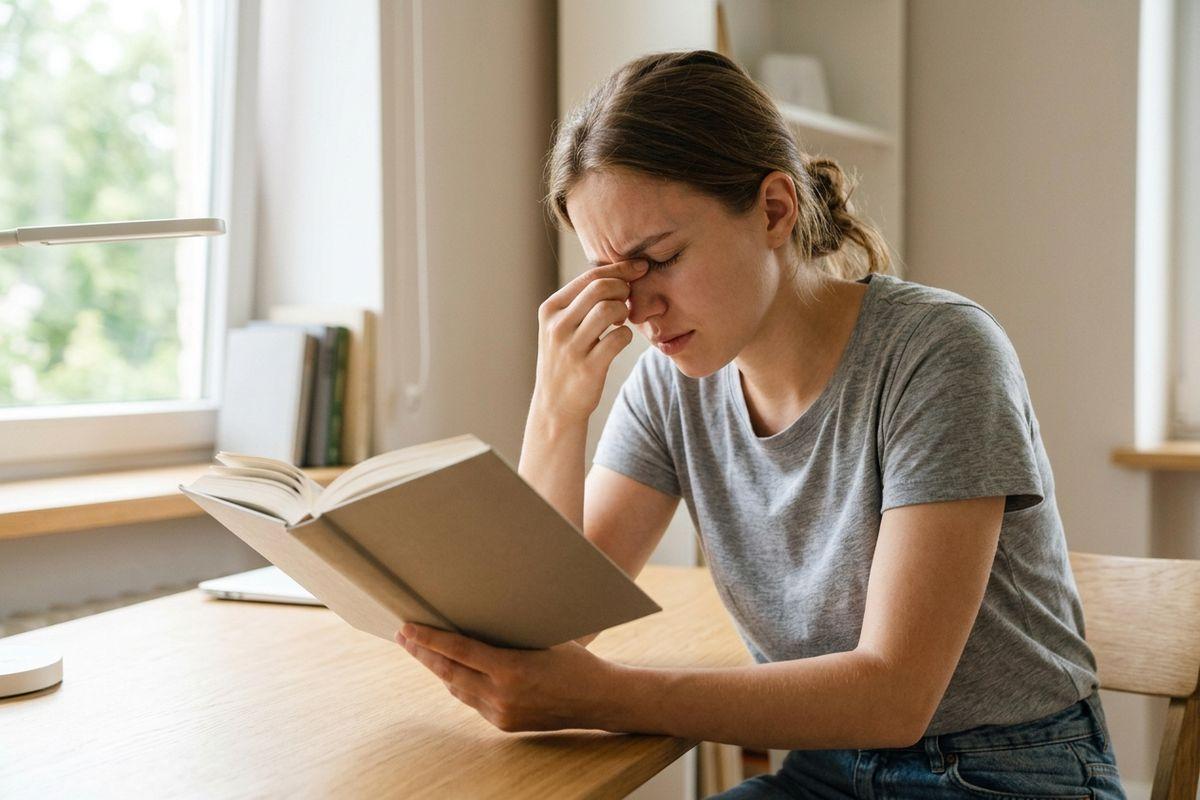 Person holding an open book at a desk by a window, pinching the bridge of their nose with eyes closed.