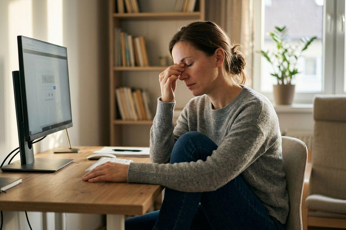 Person at a desk with eyes closed, pinching bridge of nose, in front of a computer monitor in a home office.