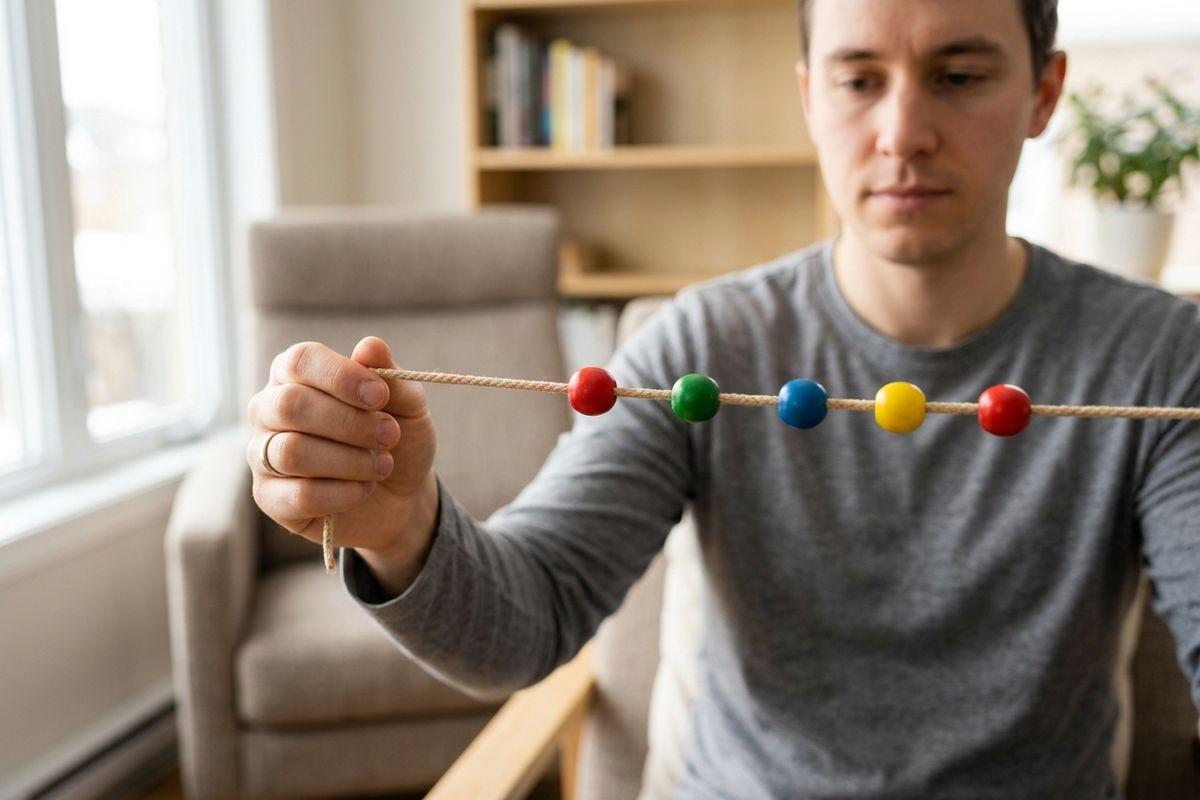 Person holding a taut rope threaded with colored beads, focusing on it, in a room with a chair and bookshelf.