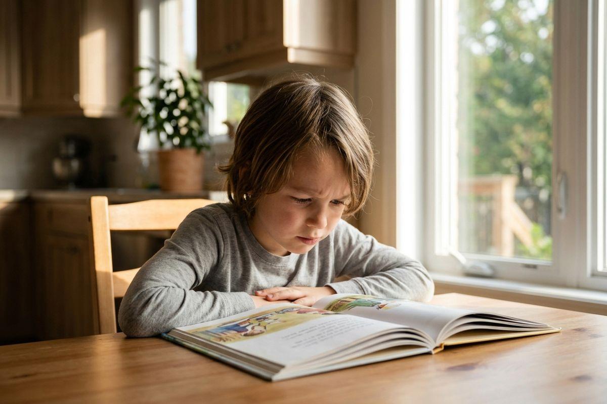 Child reading an illustrated book at a wooden kitchen table by a bright window, looking focused.