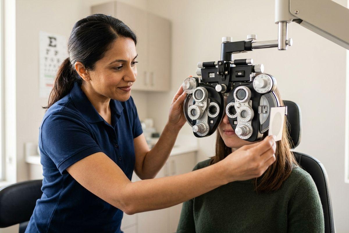 Optometrist adjusting a phoropter during an eye exam while a patient looks through it, eye chart on wall behind.