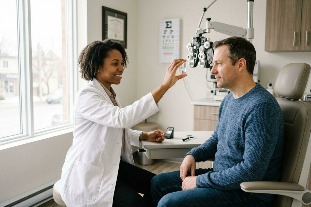 Optometrist holding up a lens to a seated patient during an eye exam, phoropter and eye chart nearby.