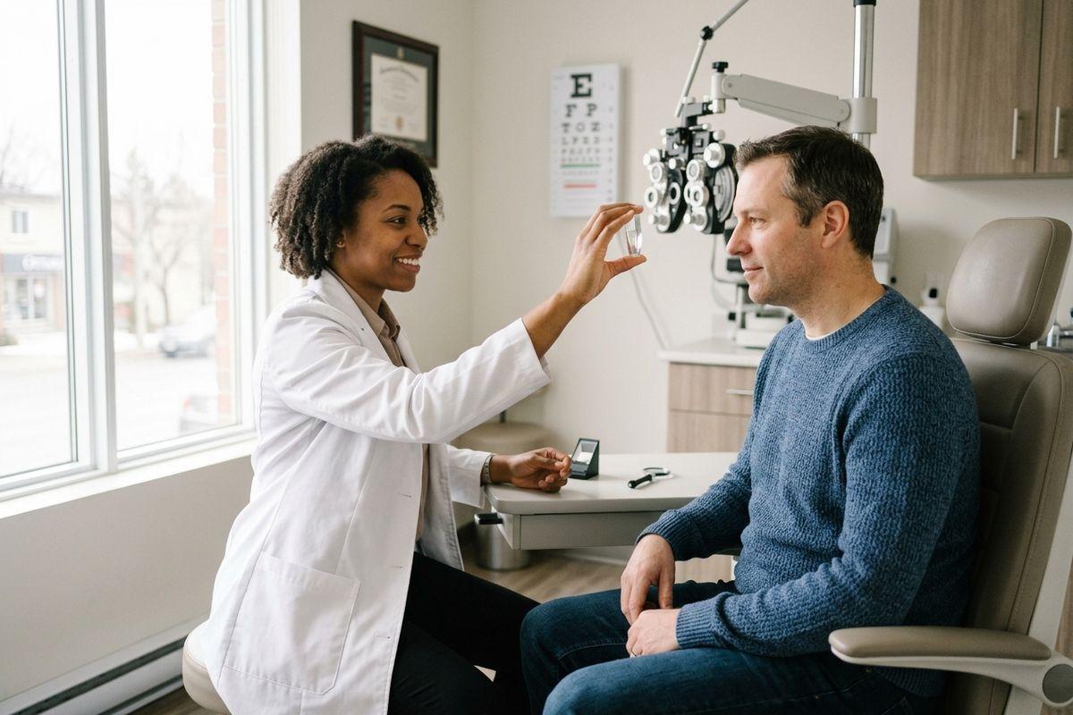 Optometrist holding up a lens to a seated patient during an eye exam, phoropter and eye chart nearby.