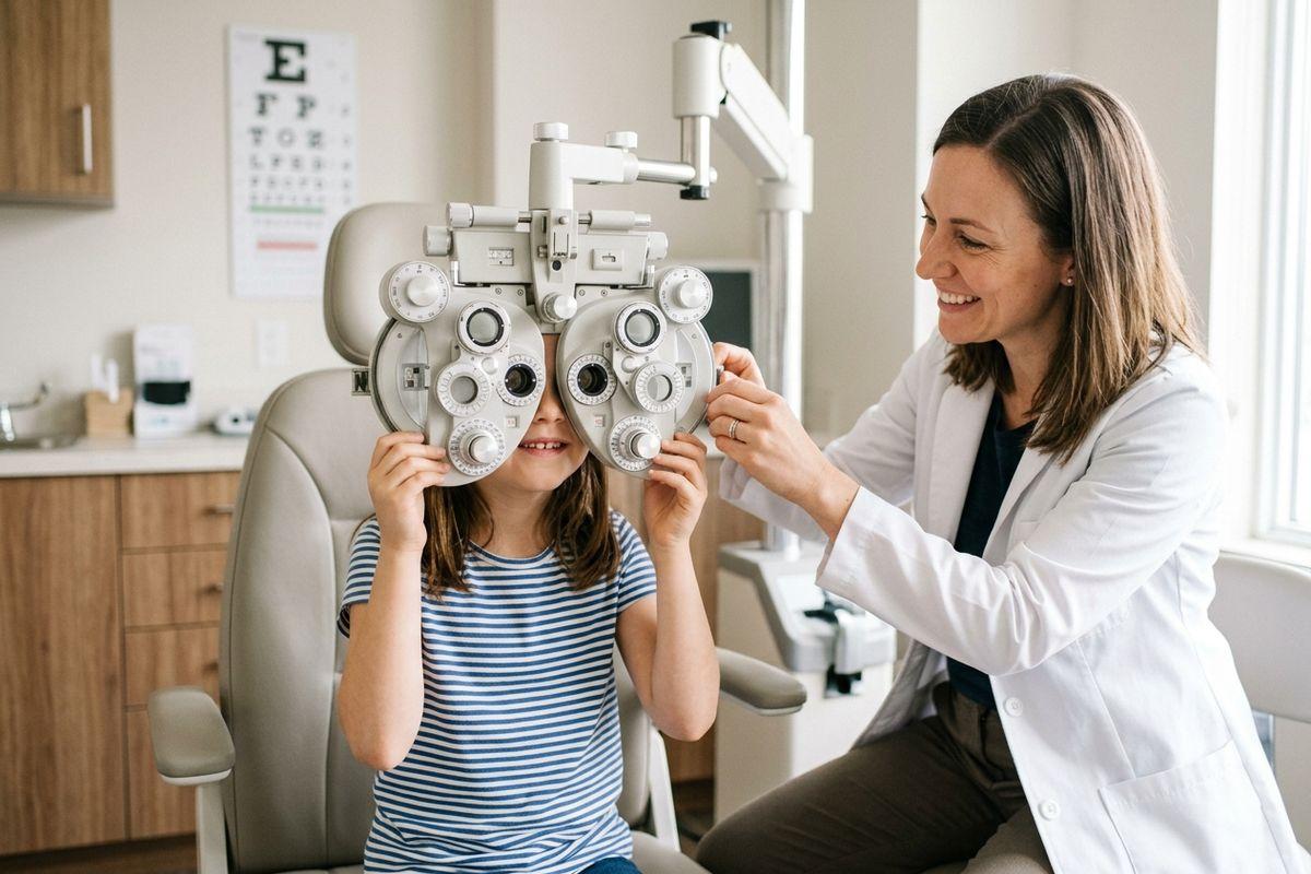 Optometrist smiling while giving a child an eye exam with a phoropter in an exam room.